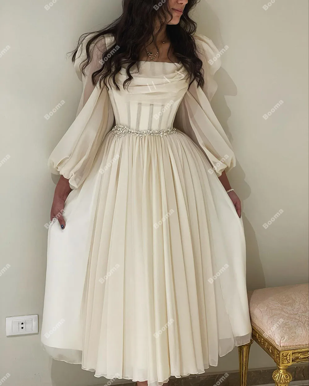 Booma Ivory A-Line Chiffon Prom Dresses long Puff Sleeves Pleats Crystal Beaded Formal Party Elegant Gowns Dubai Evening Dress