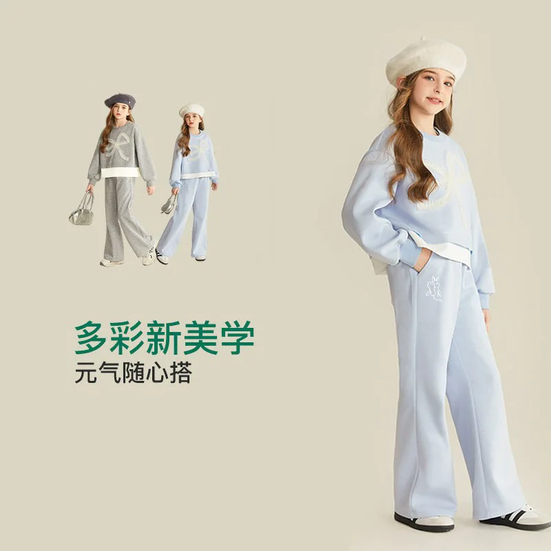 

2026Spring and Autumn Children's Stylish Loose Casual Outfit for Older Girls, Sweet Bowknot Sweatshirt and Sweatpants Two-Piece