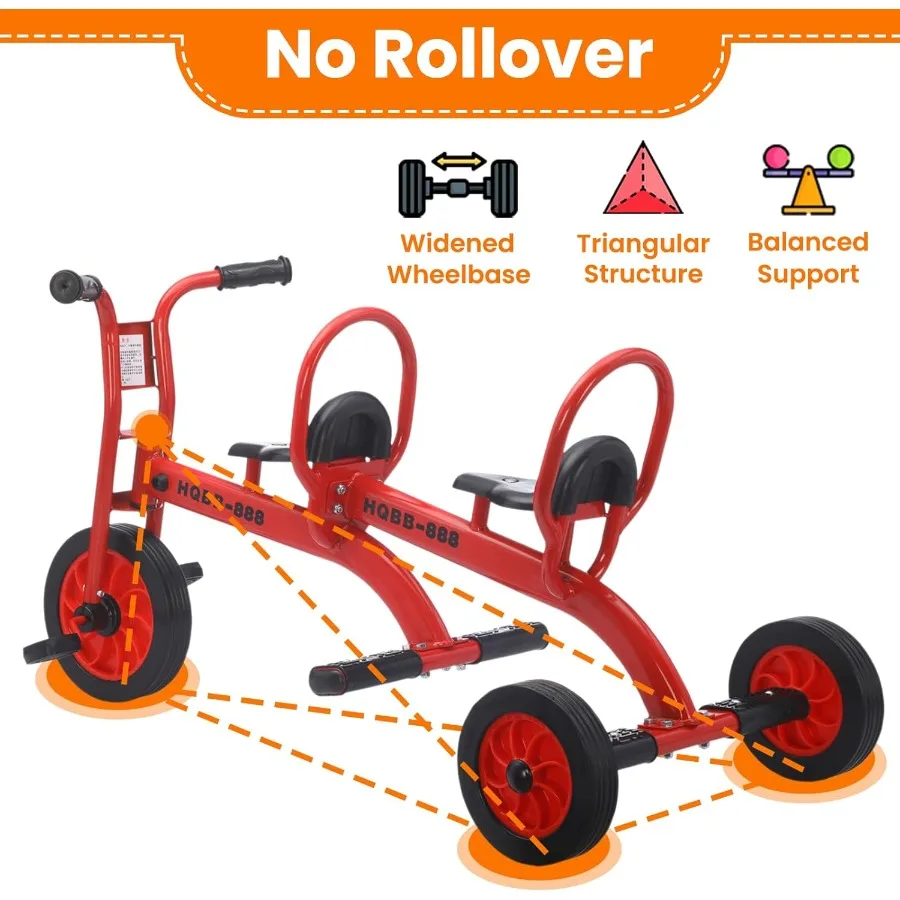 3歳から8歳向けの三輪車、ダブルトライクバイク、幼稚園、保育園、屋外用タンデムバイク、エアレスゴムタイヤ、二人乗り、滑り止め付き