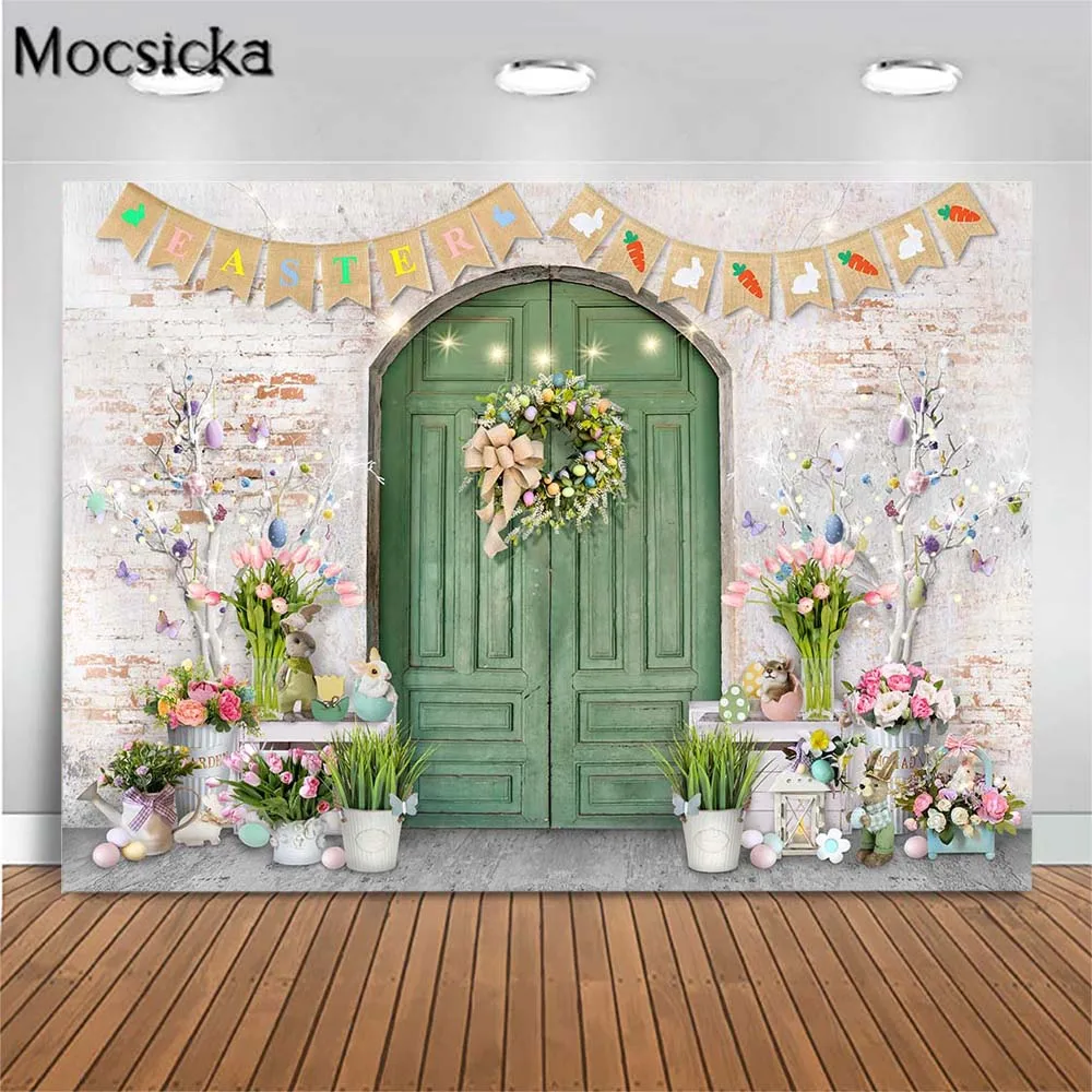 

Mocsicka Easter Spring Backdrop Brick Wall Green Door Bunny Eggs Newborn Kids Birthday Background Photo Studio Photography Props