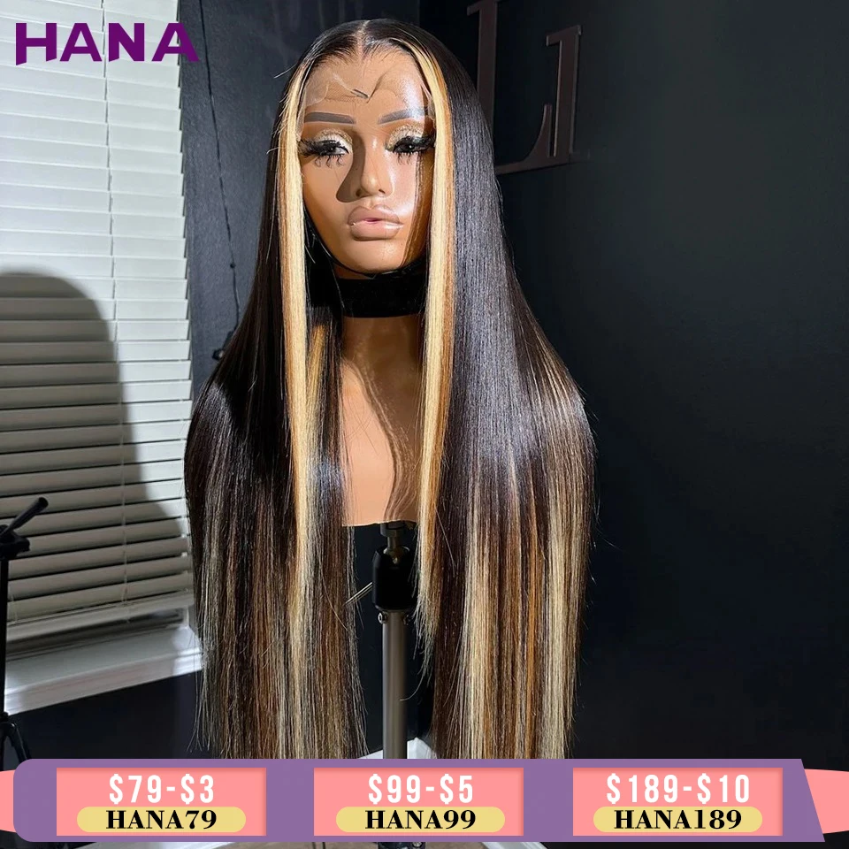 

Highlights Brown Blonde Colored Bone Straight 13X4 Lace Front Wigs 32 Inch Long Human Hair For Women Remy 5X7 Lace Closure Wig