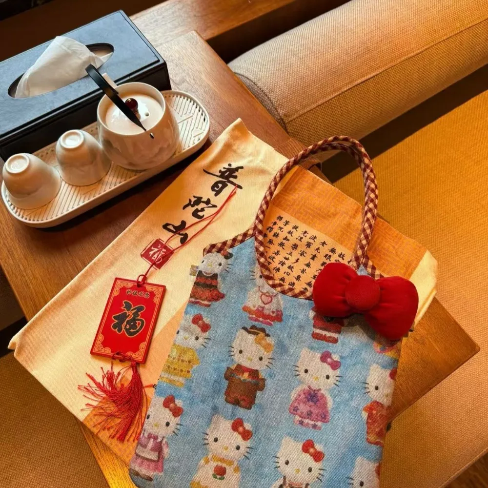 

Anime Sanrio Hello Kitty Denim Style Handbag Retro Bow Princess Printed Butterfly Pattern Fashion Women Portable Shoulder Bag