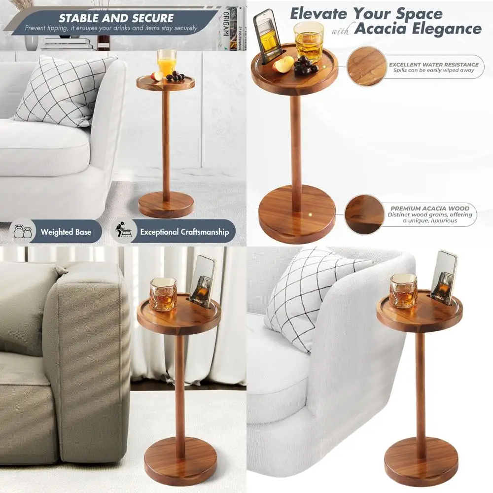 

Компактный торцевой столик из акации со встроенным держателем для телефона, идеально подходящий для небольших помещений и образ жизни