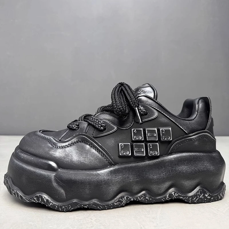 Genuine Leather Retro Crooked Head Ugly Cute Shoes Men's Lightweight Casual Board Shoes Thick Soled Height Increasing Shoes Male
