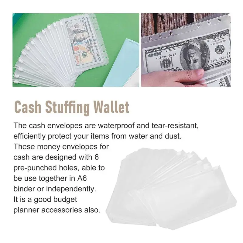 A13E-20 Pcs Cash Envelope 6 Holes Budget Binder Pockets Zipper Folders For A6 Notebook Binder Money Saving Binder Accessories