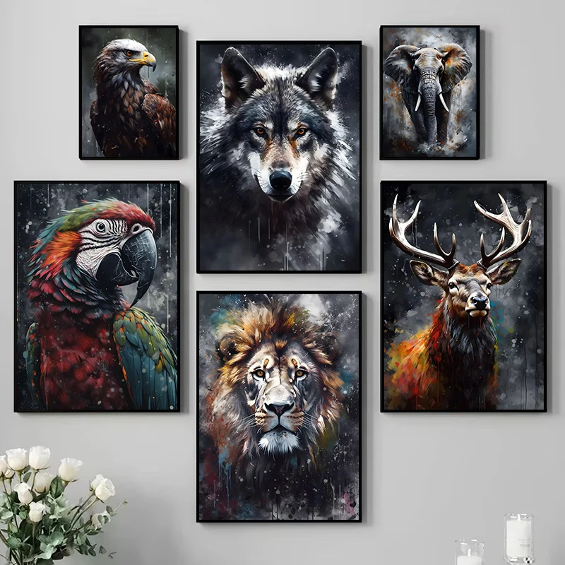 Watercolor Animals Portrait Canvas Painting Ape Chimpanzee Lion Wolf Portrait Graffiti Poster and Print for Room Home Decor