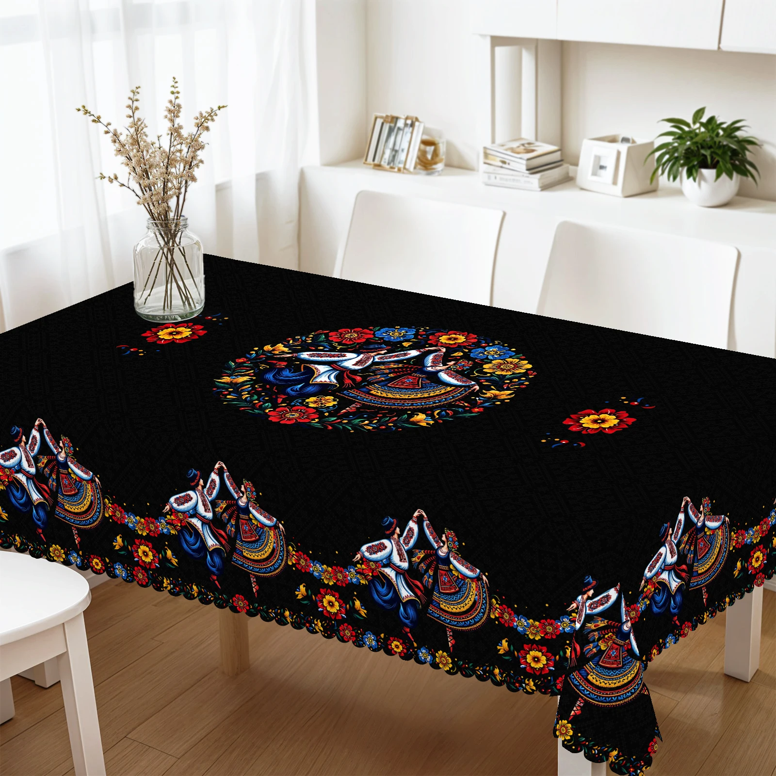 Passionate Ethnic Style Dance Tablecloth, Brightly Colored Flowers, Elegant Dancing Ukrainian Couple Pattern, Energetic Atmosphere, Embossed Edges, Waterproof, Wrinkle-Resistant, Fade-Resistant, Suitable for Rectangular and Round Dining Tables, Home Kitchen Living Room Dining Table Balcony Coffee Table, Holiday Party Holiday Table Decoration, Outdoor Picnic Decoration, Tea Table Decoration, Perfect Gift, Spring, Summer, Autumn, Winter Decoration Comes with 4 Anti-Slip Stickers. P-96