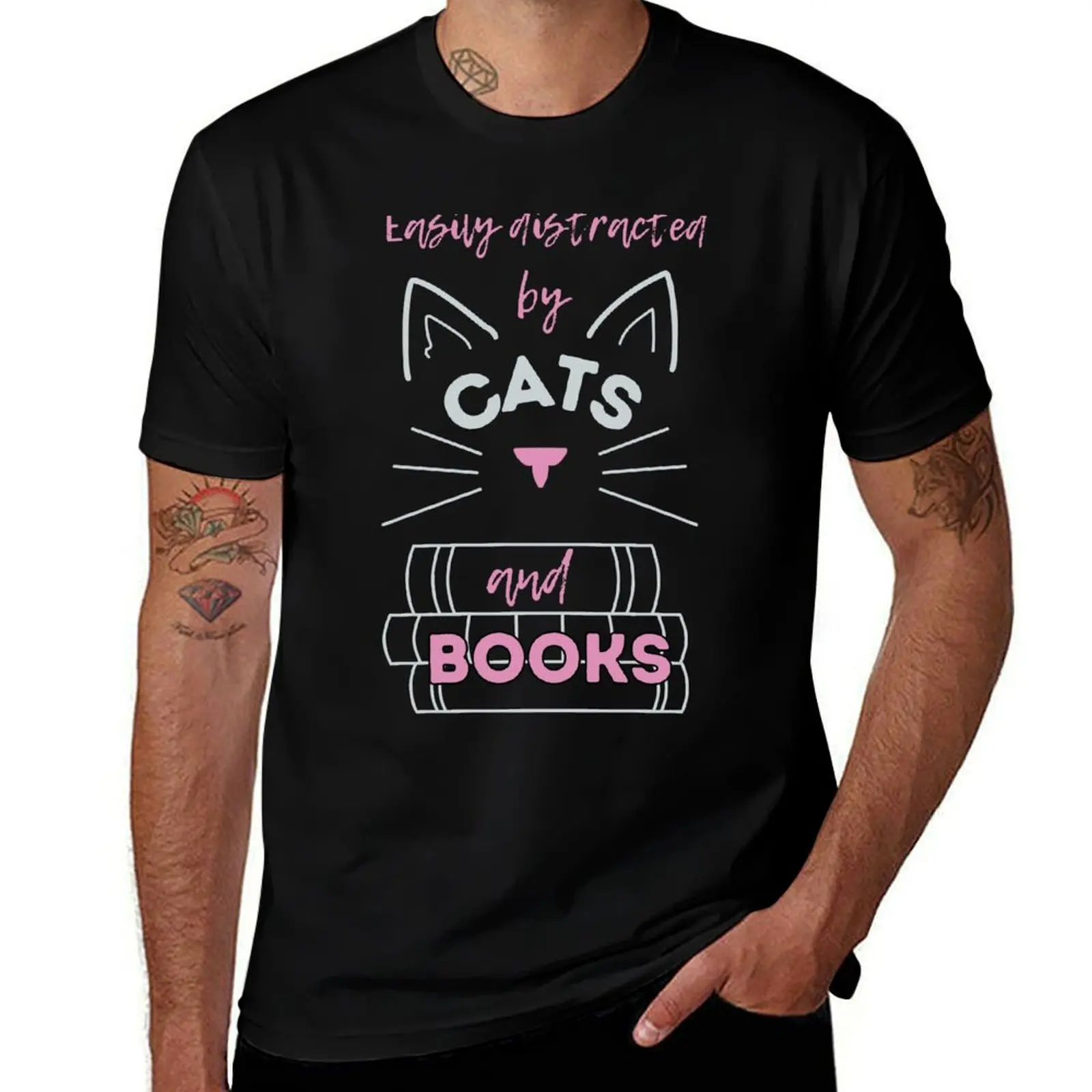 Easily distracted by cats and books, funny cat pun T-Shirt Casual Daily Outfit T-Shirt