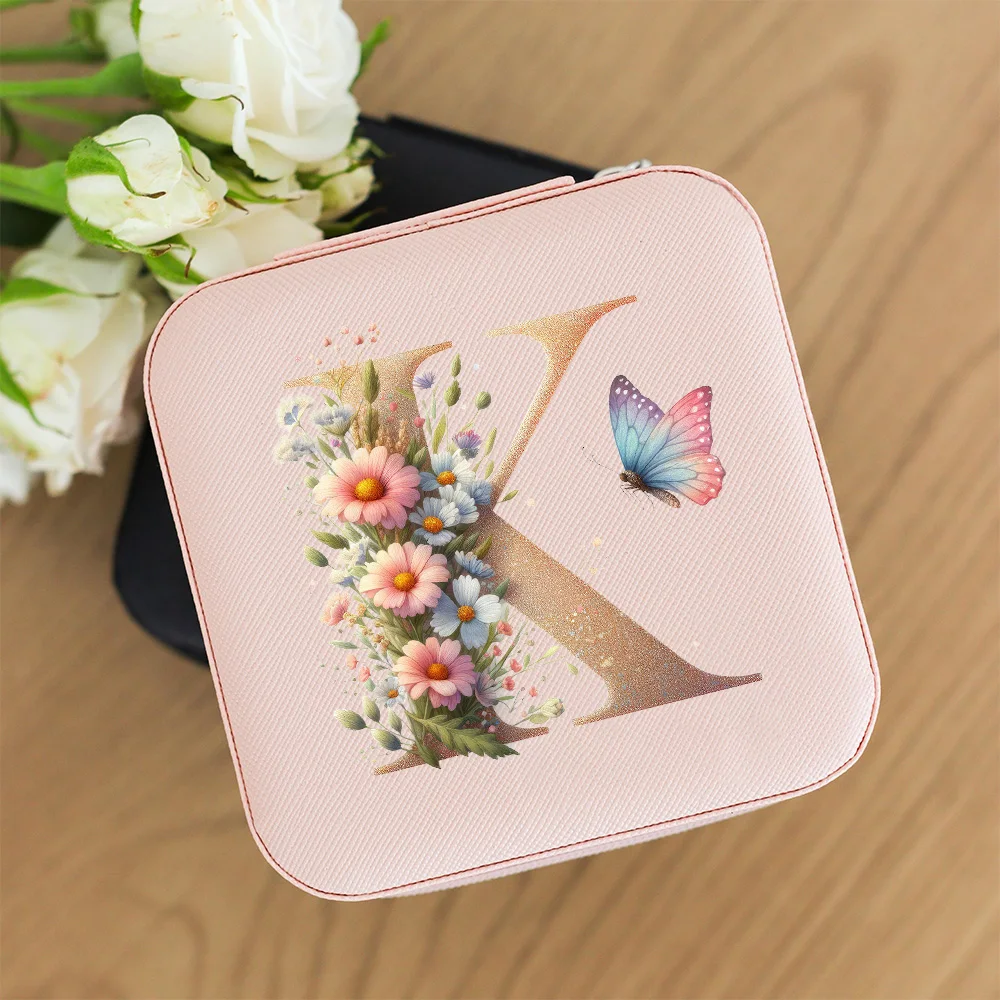 1pc Flower Letter Luxury PU Leather Women Jewelry Storage Organizer Portable Travel Multi-Grid Jewelry Box Wedding Party Gifts