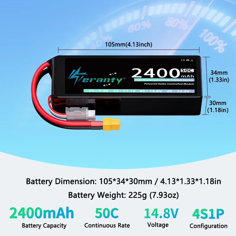TERANTY 15.2V FPV Drone Lipo Battery 4S 2400mAh 50C/100C Softcase with T XT60 Plug RC Car Truck Buggy Helicopter Airplane Hobby