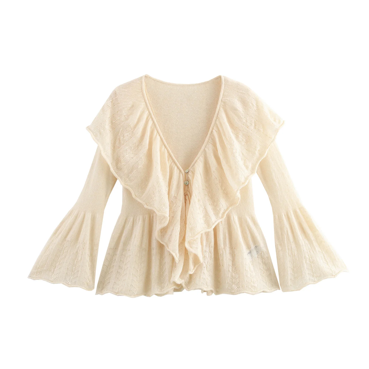

Spring And Summer New Sweet Ruffled Thin V-neck Trumpet Sleeve Knitted Sweater Baby Sweater Top