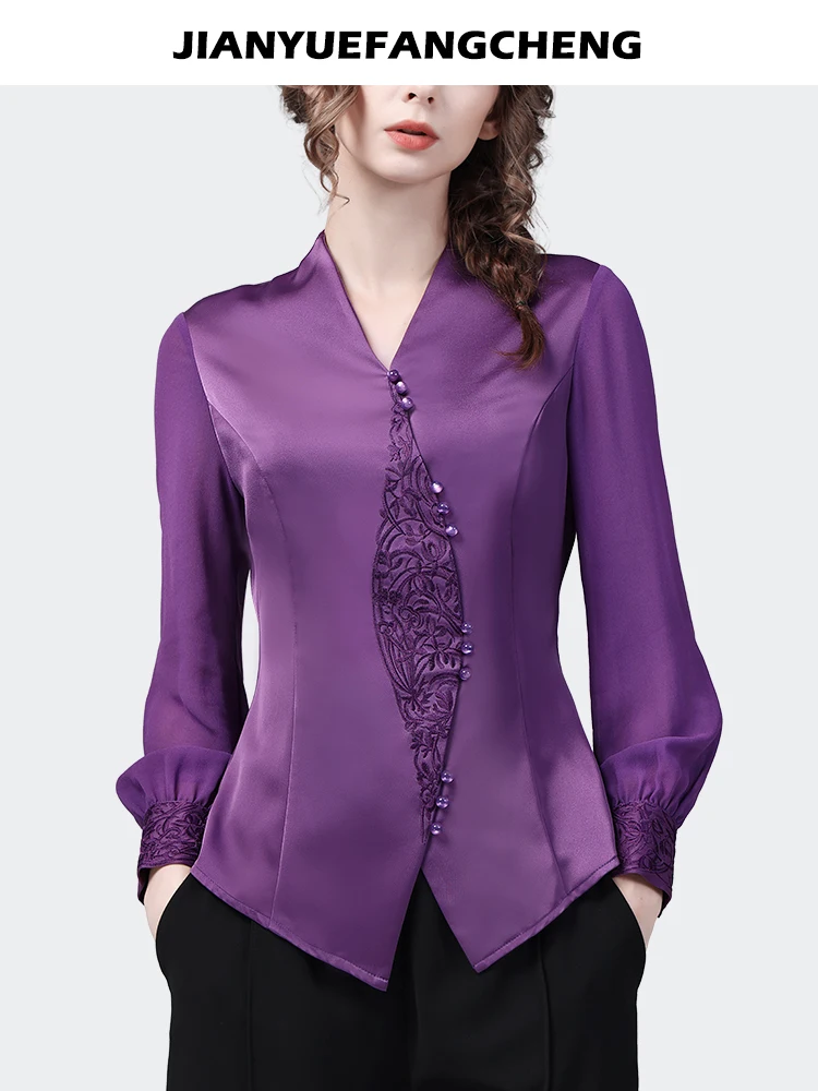 Satin Top 2023 Spring Summer Women Long Sleeve V-neck Purple Embroidered Beaded Blouse Retro Casual Slim Fit Ladies 90s Shirts