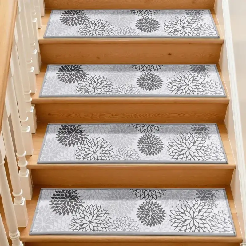 VIKAMA Floral Gray Crystal Velvet Stair Mats for Wooden Steps Anti Slip Cozy Aesthetic Soft Cushioned Home Decor