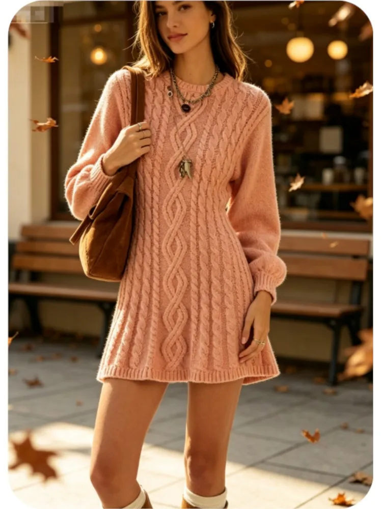 Damen Rosa Strick-Minikleid mit Langen Puffärmeln, Rundhals, Eng Anliegend, Herbst-Winter Casual Kurzes Strickkleid, Robe Femme