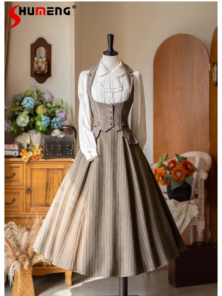 الأصلي النمط الفرنسي أنيقة الرجعية CLA التنانير هيكل السمكة عالية الخصر ضئيلة ألف خط تنوعا مخطط لوليتا تنورة طويلة النساء الخريف #2