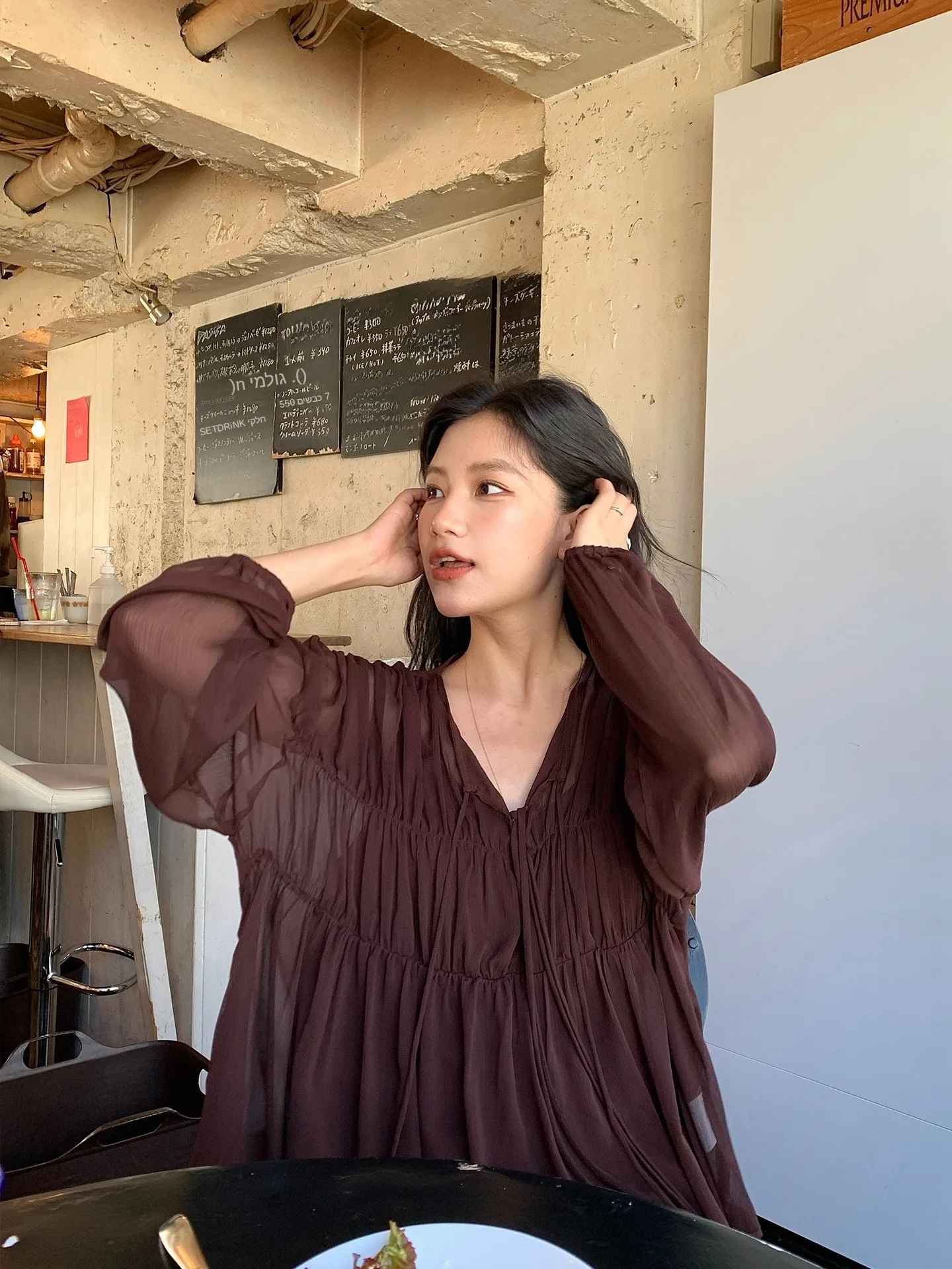 

DaqianwithU Women's Loose Frock Shirt with Drawstring Lantern Sleeve Chiffon Top And Half Skirt Two-Piece Set Commute Style