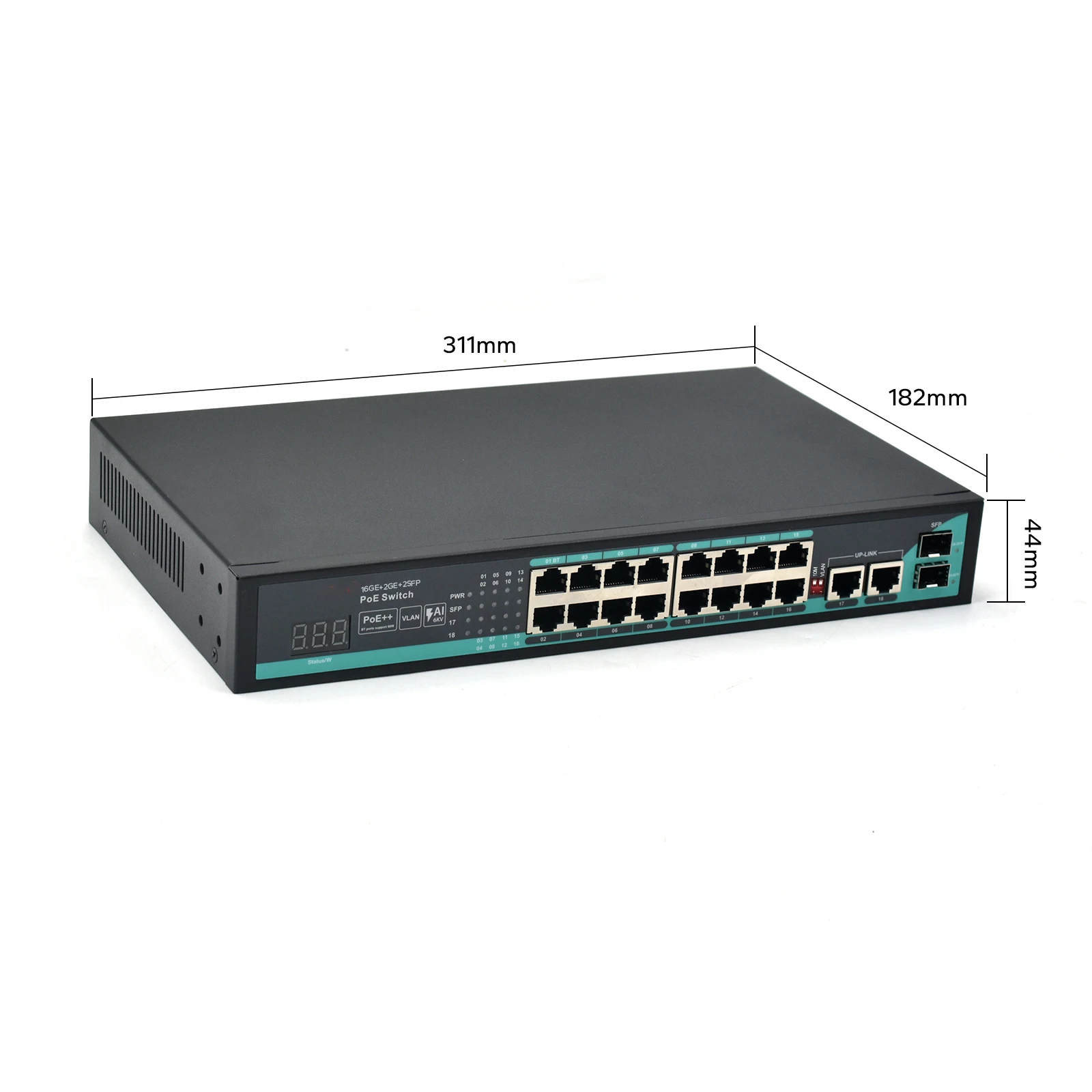 Gigabit 16 Ports AI PoE++ Switch With Digital Display 2 SFP 2 RJ45 Uplinks 300W Power 250m VLAN Isolation Metal Housing