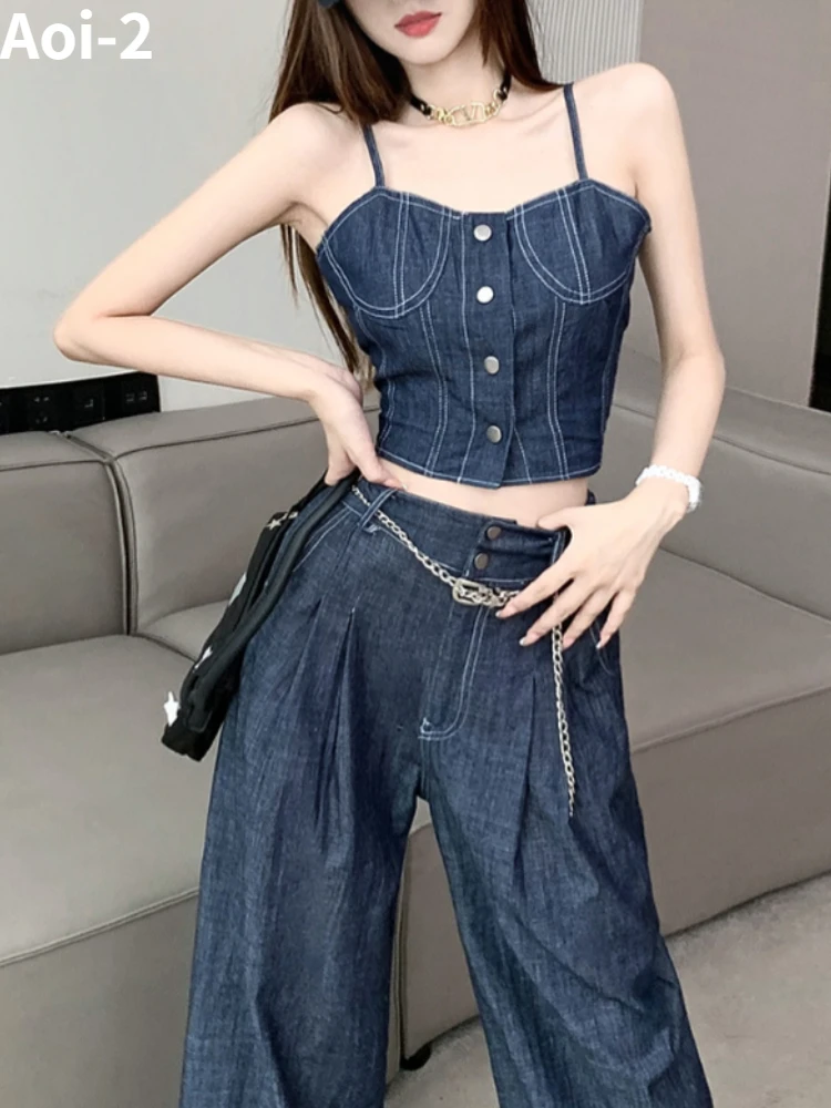 Fashion Vintage Blue Denim Suit Women‘s Summer New Korean-Style Slim Strap Top+High Waist Jeans Wide Leg Pants Two-piece Set