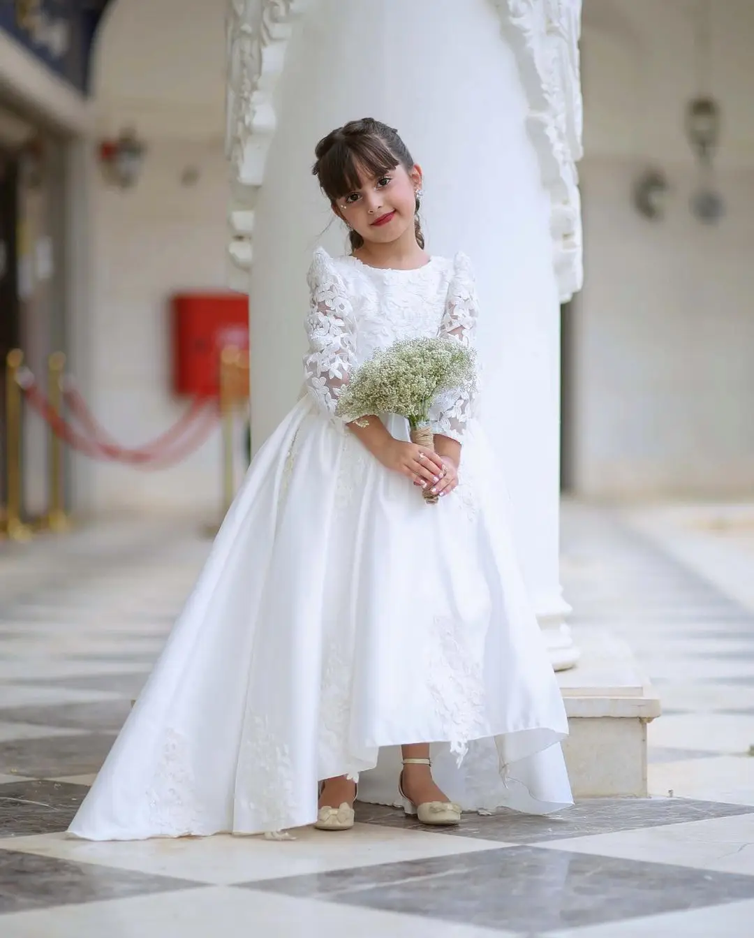 Vestido blanco de flores con apliques para niña, vestido de boda de manga larga de satén con lazo, vestido de princesa para cumpleaños, vestidos de primera comunión