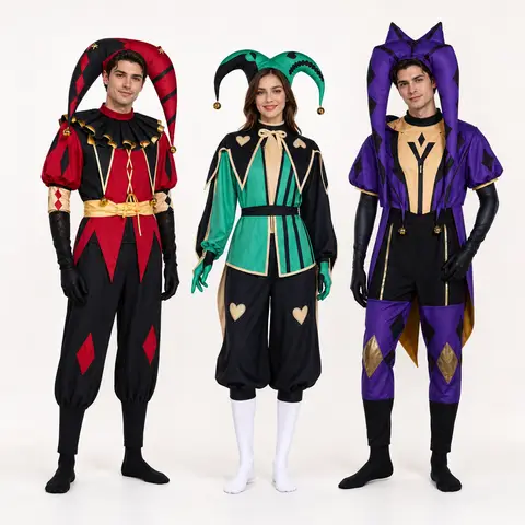 The Freak Circus Pierrot Jester Harlequin Cosplay Costume Adult Clown Top Pant Wigs Joker Uniform Halloween Costume Carnival