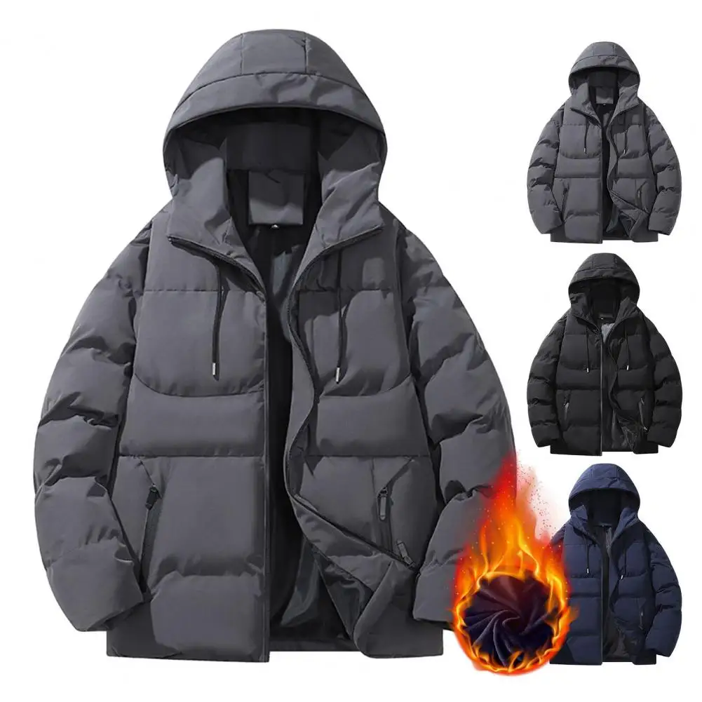 Solid Color Hooded Jacket Premium Winter Men's Cotton Coat Thickened Padded Zip Up with Zipper Pockets Warm Solid Color Long