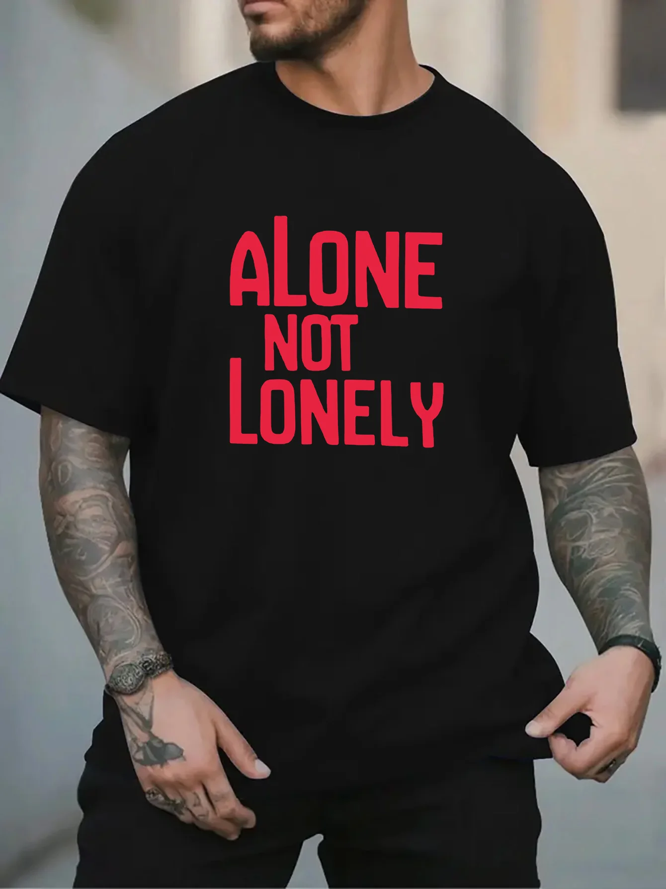 Men Black Crew Neck Tee Bold Red Text Alone Not Lonely Minimal Motivational Statement Self Love Casual Soft Cotton Male Tops