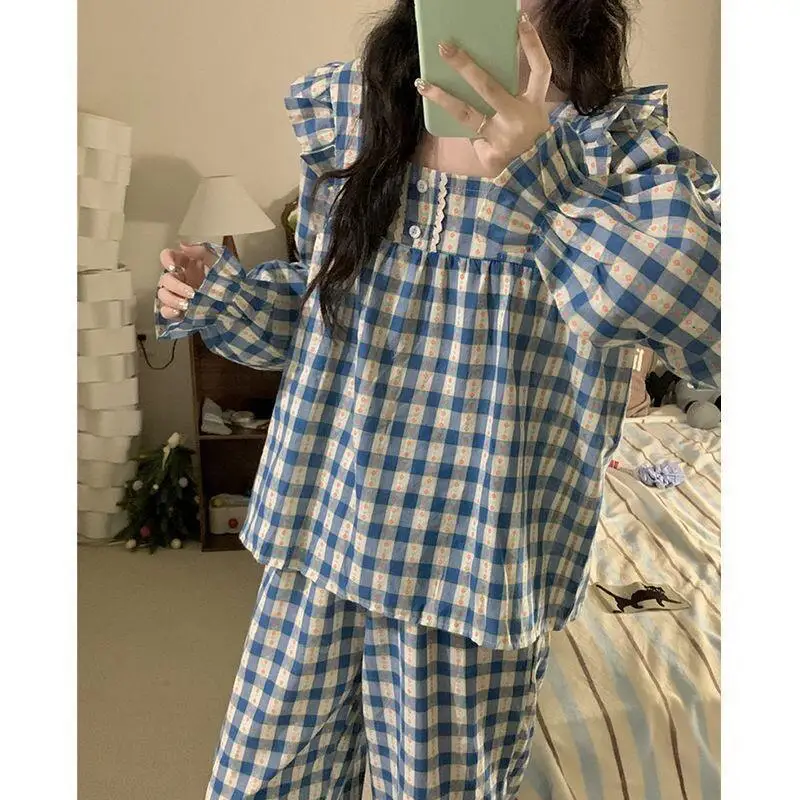 Two Piece Set of Lapel Pajamas Cuff Cuff Design Fashionable Loungewear Lotus Leaf Edge Flowers Soft and Comfortable
