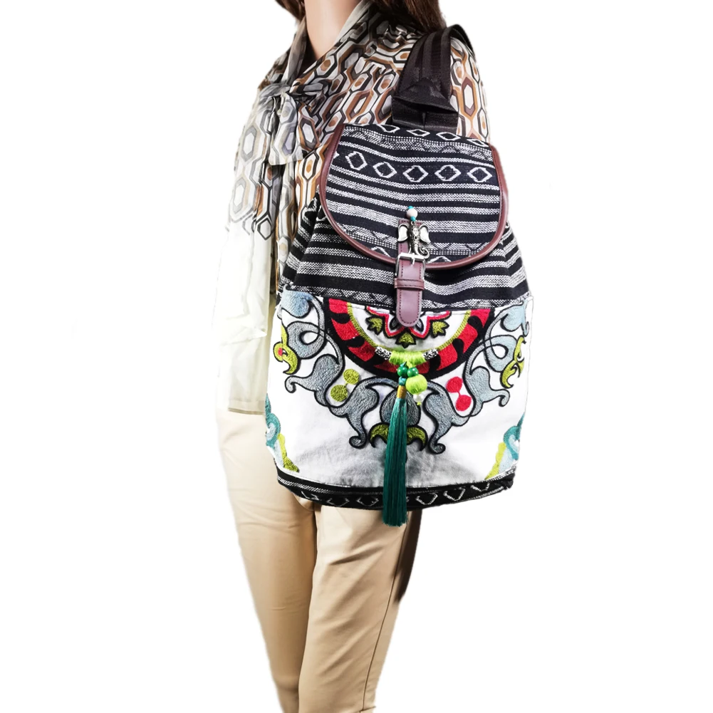 Tribal Vintage Hippie Colorful Travel Backpack Bag For Women Embroidery Pom Charm Hmong Ethnic Bohemian Boho Rucksack SYS-602