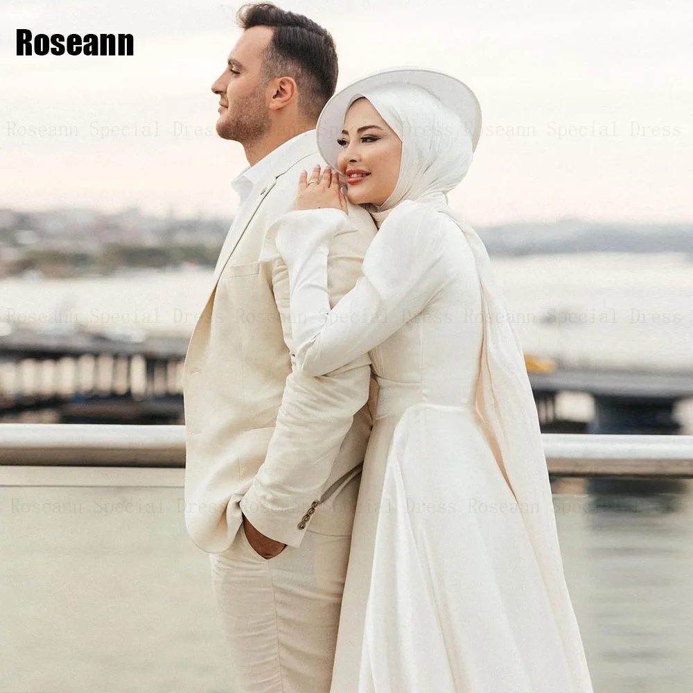 Customized Muslim 2024 New Simple Ivory A-line Wedding Dresses Satin Ribbon Draped Pleat Brush Train Bride Gown robe de mariée