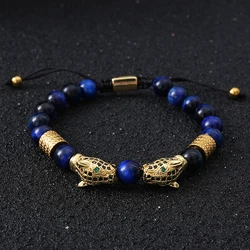 Luxury Tiger Eye Stone Beads Man Bracelet Leopard Head Charms Women Bracelets Couple Jewelry Christmas Gift