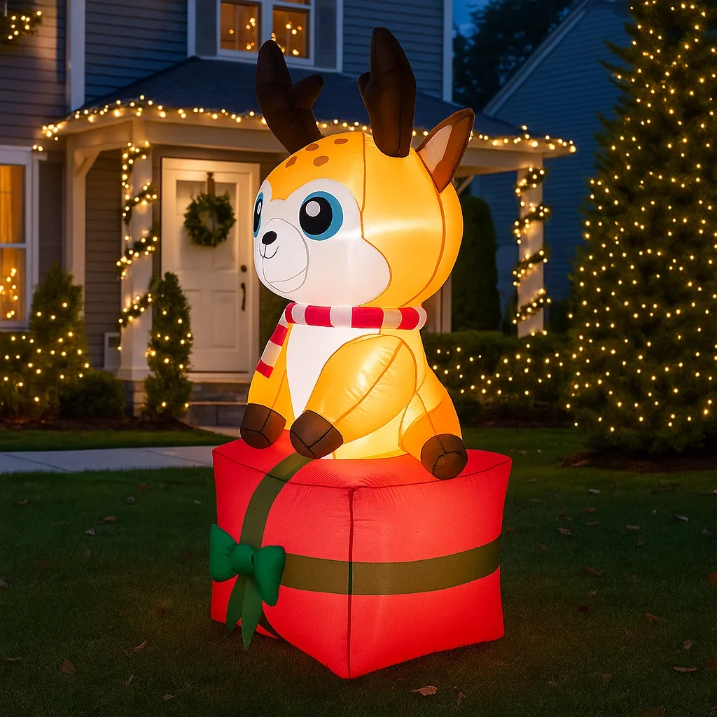 1.8 متر/5.9FT نفخ الرنة على صندوق هدية أضواء LED ديكورات المنزل اللعب ساحة عيد الميلاد عطلة لوازم الزينة في الهواء الطلق