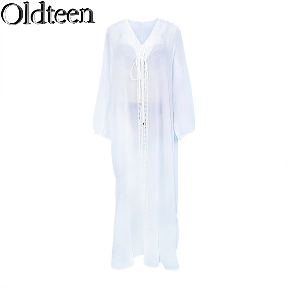 Summer New European and American Chiffon White Beach Skirt for Beach Vacation V-neck Sunscreen Dress Long Skirt Bikini Cover Up