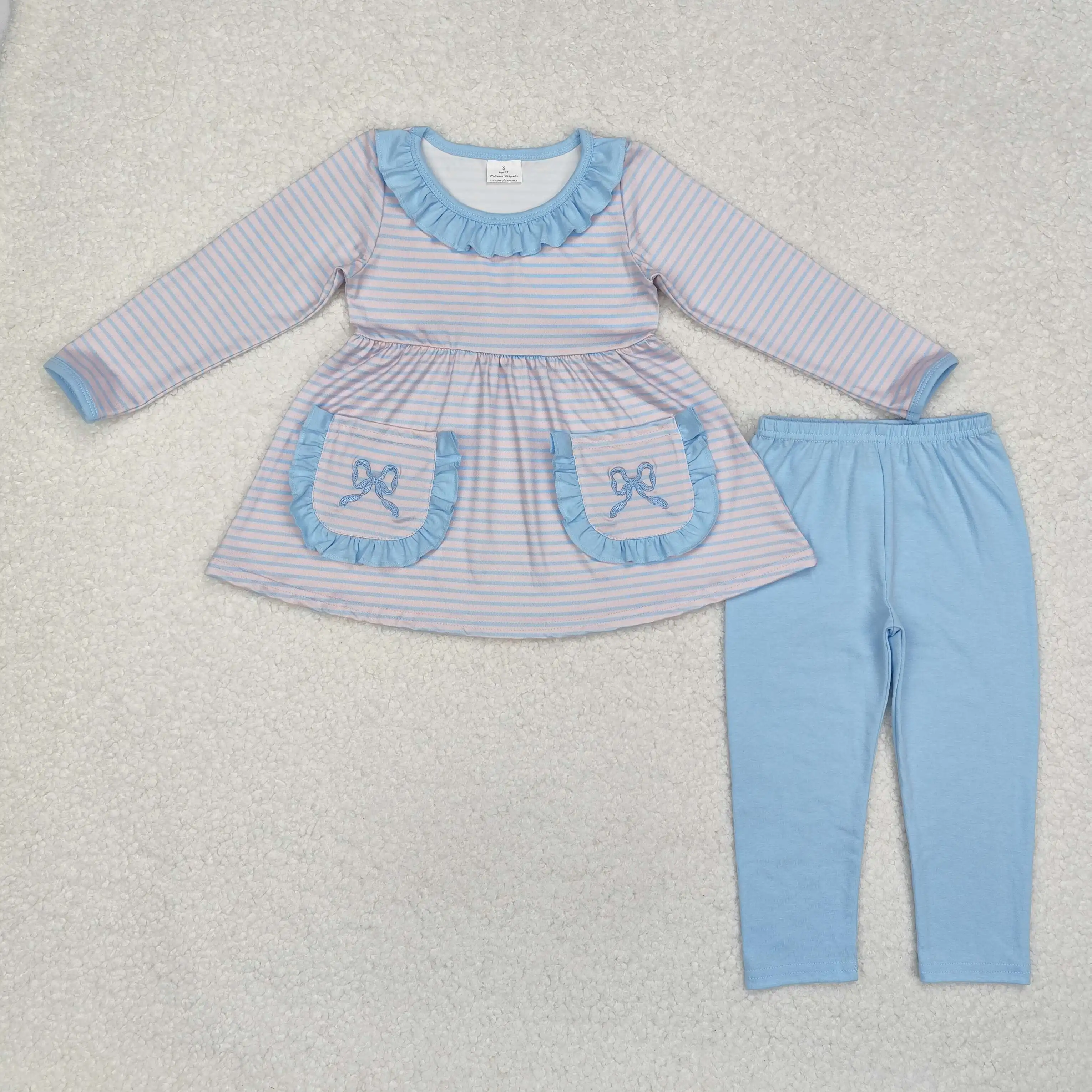 Boutique Toddler Baby Girl Blue Stripes Bow Pockets Tunic Legging Pants Clothes Set Kids Children Fall Winter Outfits Wholesale