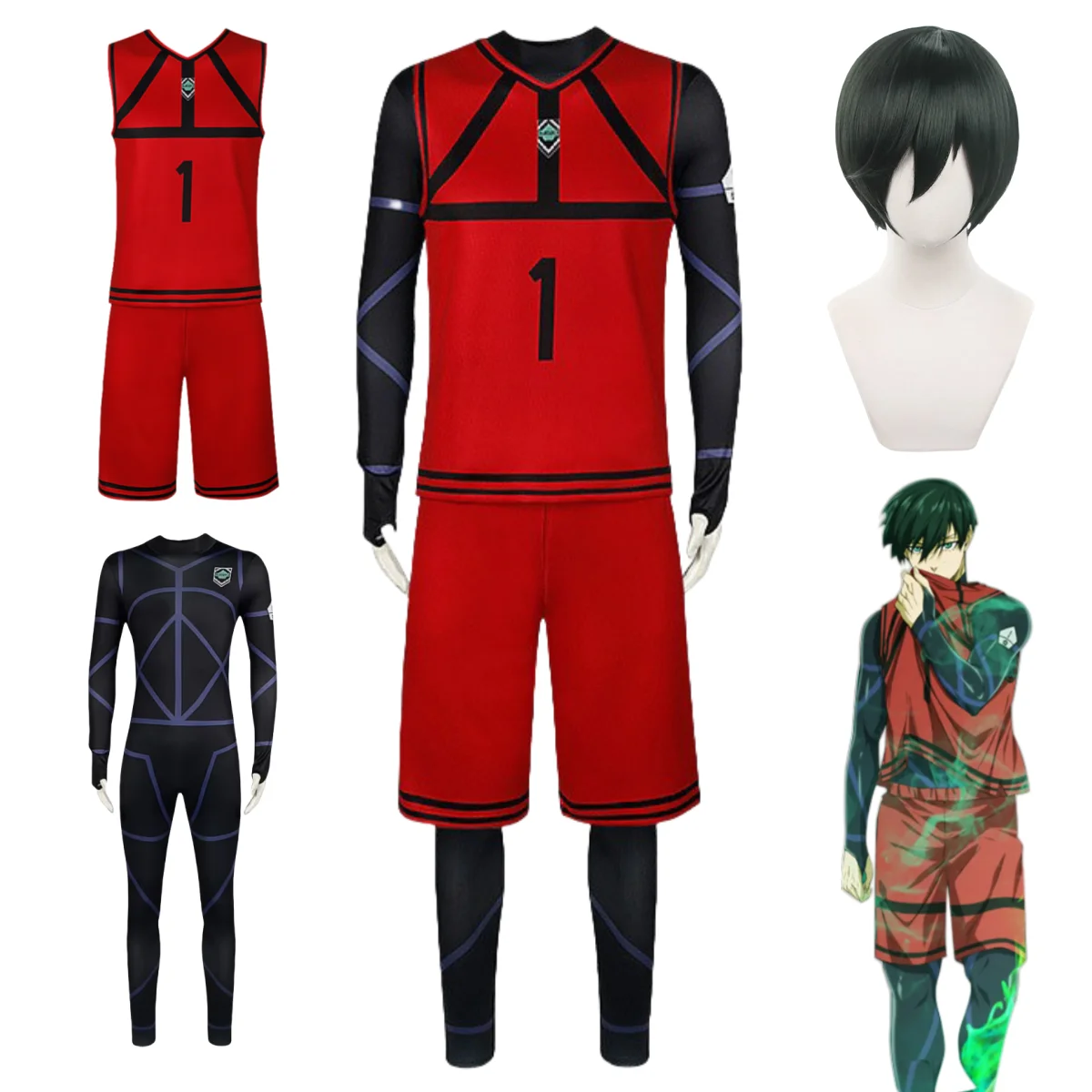 

Anime Blue Lock Rin Cosplay Costumes Rin Itoshi Wigs #1 RIN Soccer Jersey Team Football Uniform Rin Jumpsuit Tights Set