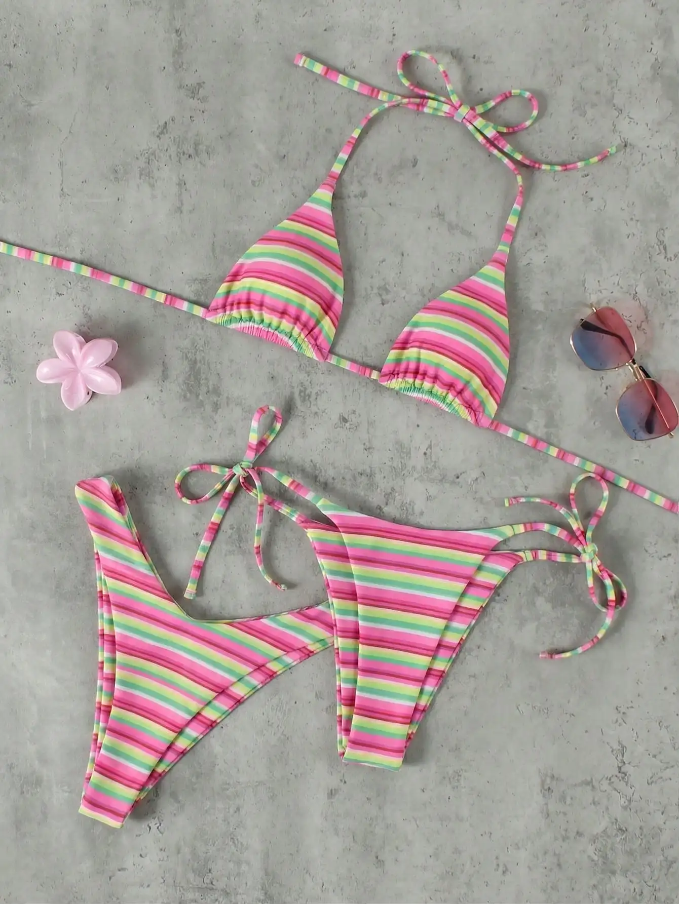

Женский розово-зеленый полосатый комплект бикини с треугольными чашечками, сексуальный пляжный купальник