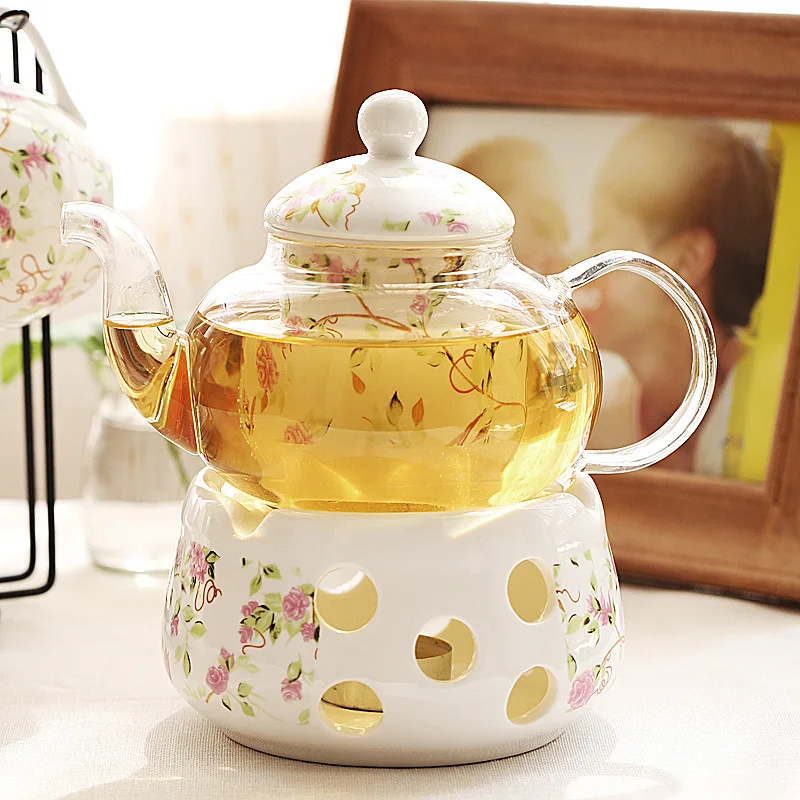English Light Luxury Flower Tea Pot Set Candle Heating Base Heat Resistant Glass Afternoon Tea Fruit Teapot 600ml Home Gift