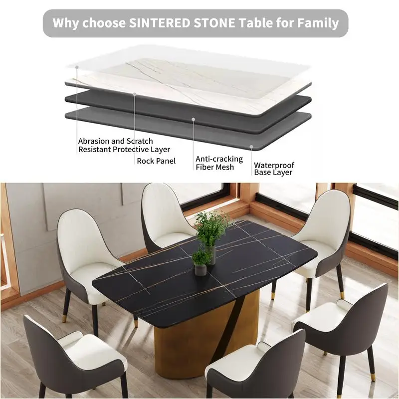 طاولة طعام حديثة من الحجر الاصطناعي المنحني باللون الأسود مع أرجل حديدية برونزية - مقاعد تتسع لـ 6-8 أشخاص #6