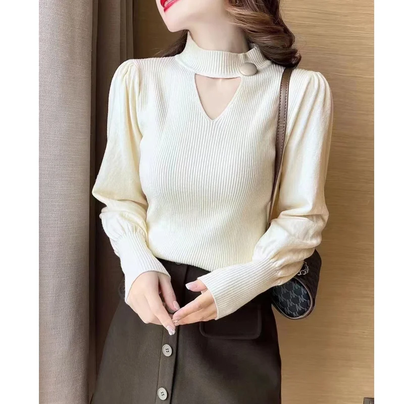 Temperament Hollow Out Knitting Tops Autumn New Solid Long Sleeve O-Neck Loose Sweaters Pullovers Korean Fashion Women Clothing