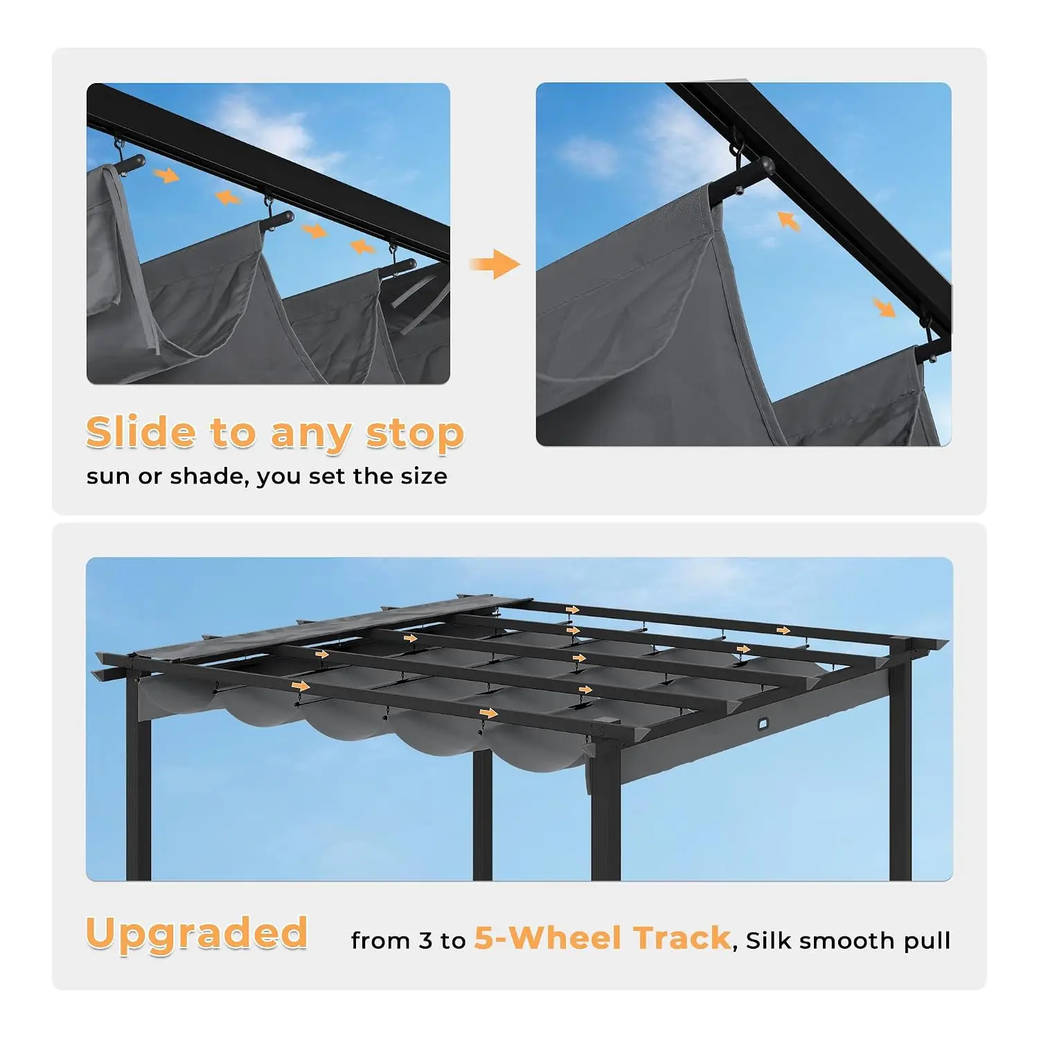 10' X 13' Retractable Pergola with Sun Shade Canopy, Patio Aluminum Frame Shelter for Backyards, Gardens, Porch, Includes Ground