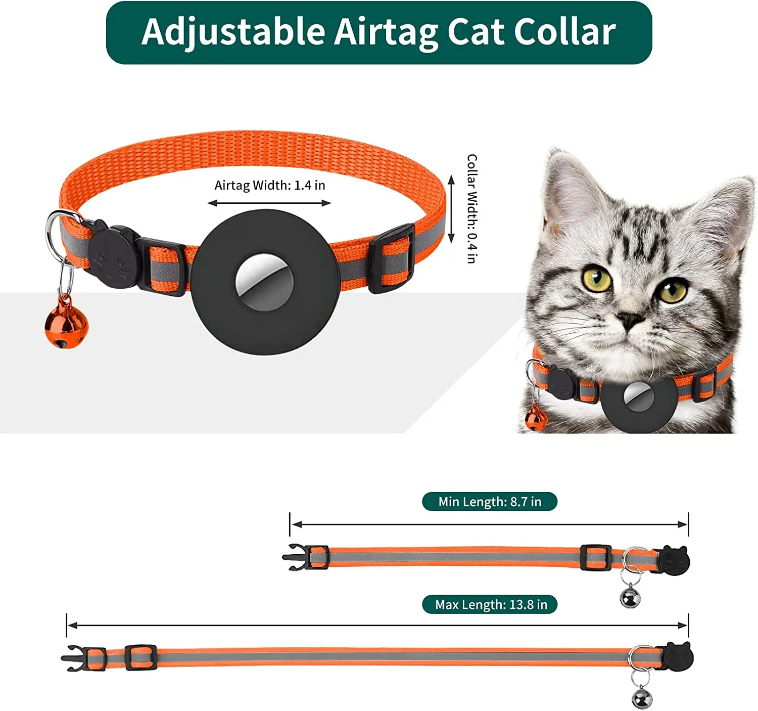 Breakaway Airtag Cat Collar,Reflective Apple Air Tag Cat Collar with Bell Waterproof Airtag Holder Case,GPS Pet Tracker Collar