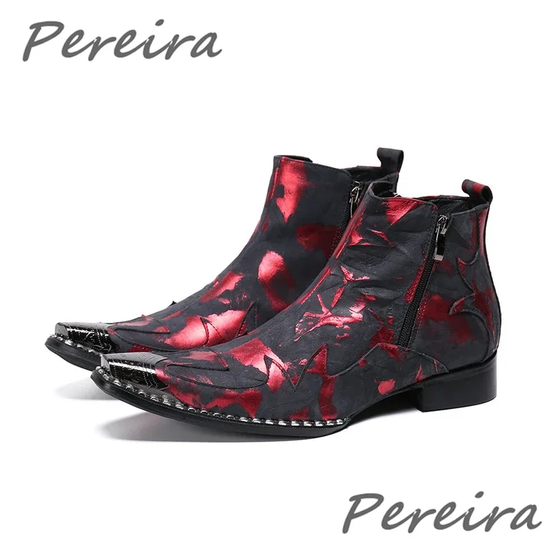 

Red Print Point Men Ankle Boots Genuine Leather Zipper Motorcycle Short Boots Fashion Toe Business Party Wedding Dress Shoes