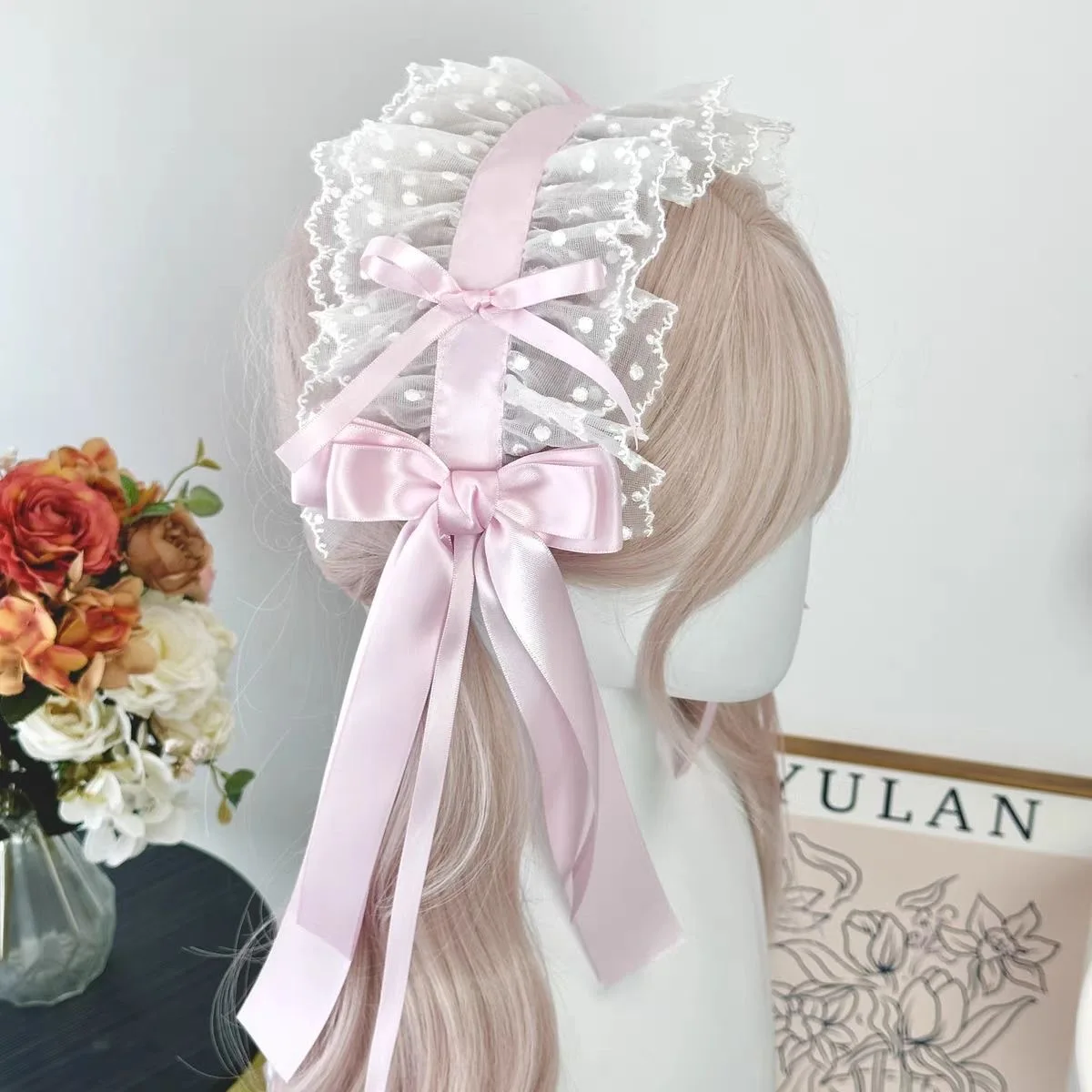 Lolita różowy kolor koronkowa opaska na głowę wstążka kokarda opaska do włosów słodka kokardka pokojówka Cosplay nakrycie głowy nocna impreza akcesoria do włosów — zdjęcie 4