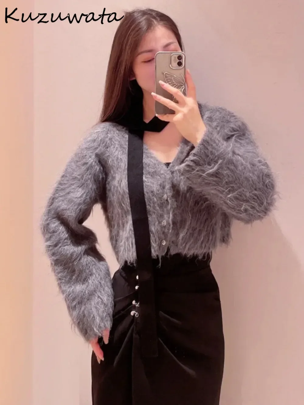 Kuzuwata Sweet Sexy Spice Girls Fluffy Knit Set Cardigan Lace Up Luxury Halter Sling Japan Age Reduction Elegant Three-piece Top