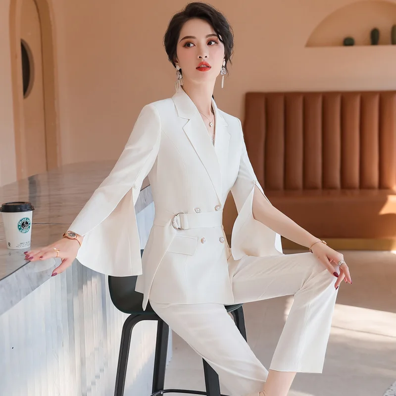 Women's Elegant Pant Suit, Split Three Quarter Sleeve with Belt, Blazer Coat and Pencil Pant, Fashion, 4XL