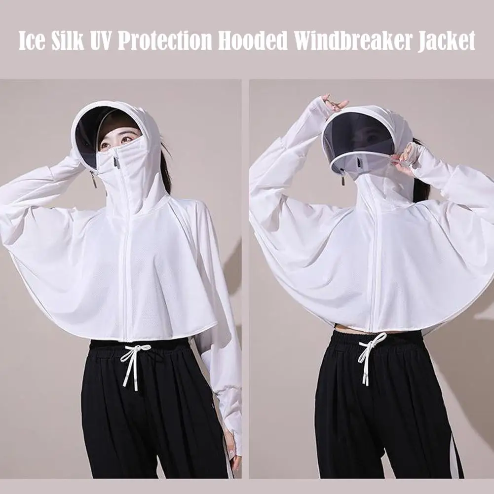 Summer Women\'s Ice Silk Sun Quick Drying Coat Outdoor Cycling Thin Breathable Smock UV Protection Full Face Hooded Mask