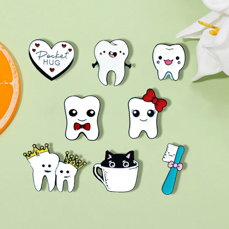 Cute Teeth Enamel Brooch Bow Hairpin Tooth Crown Toothbrush Cartoon Metal Badge Punk Clothing Lapel Pin Jewelry Accessories Gift