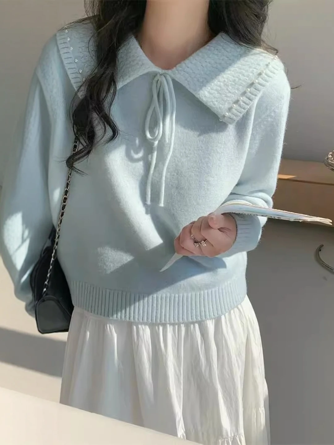 

Свободный удобный женский вязаный свитер, голубой кукольный воротник с лентой, осенне-зимний мягкий теплый длинный топ све