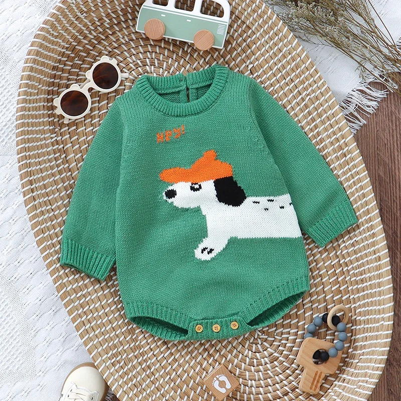 Infant Baby Bodysuits Knitted Newborn Girl Boy Jumpsuit Long Sleeve Autumn Kid Green Clothing Fashion Cute Dog 0-18M Tops Romper