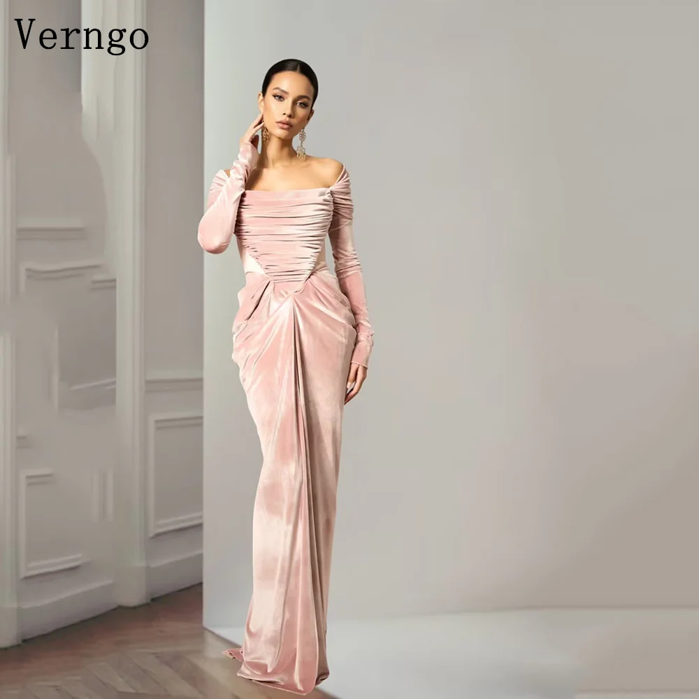 

Verngo Pink Velvet Evening Dress Off The Shoulder Full Sleeves Mermaid Formal Occasion Dress Lace Up Sexy Prom Gowns Customized