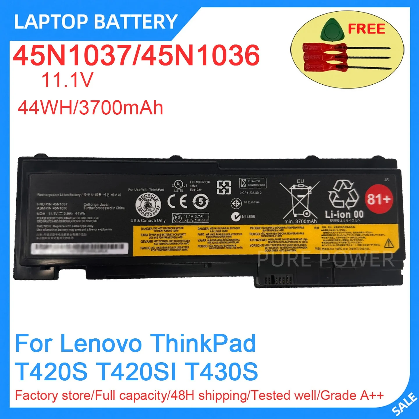 New Laptop Battery 45N1037 45N1036 11.1V 44WH 3700mAh 3.9Ah High Quality For Lenovo ThinkPad T420S T420SI T430S